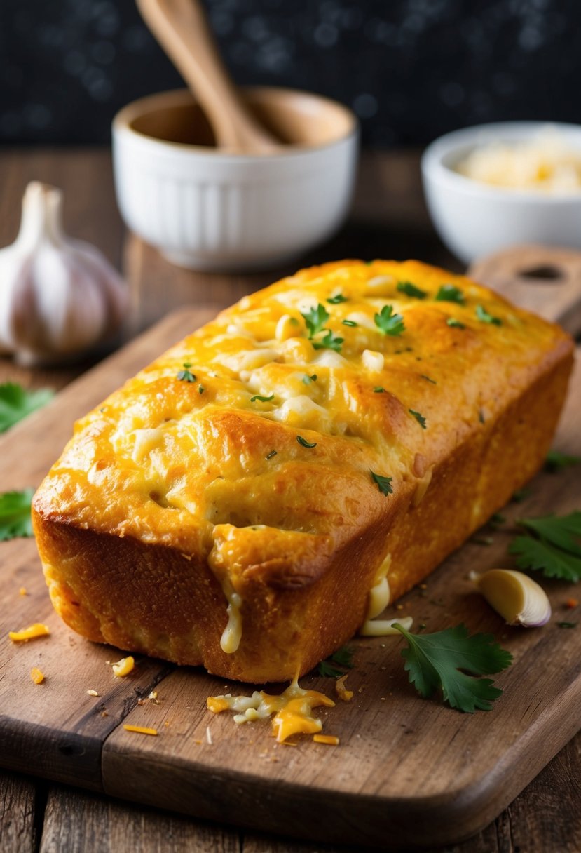 A golden loaf of cheesy garlic bread, oozing with melted cheese and aromatic garlic, sits on a rustic wooden cutting board