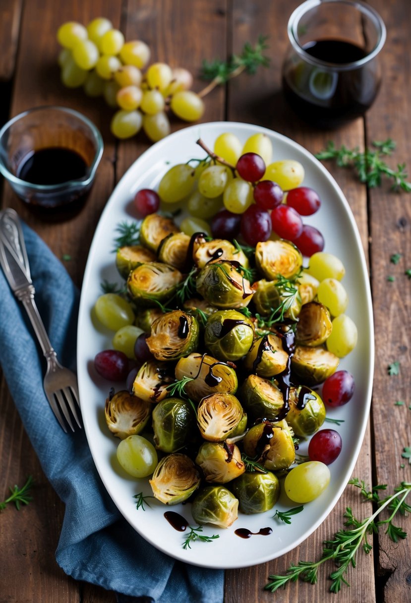 A rustic wooden table with a platter of roasted Brussels sprouts mixed with red and green grapes, garnished with fresh herbs and drizzled with balsamic glaze