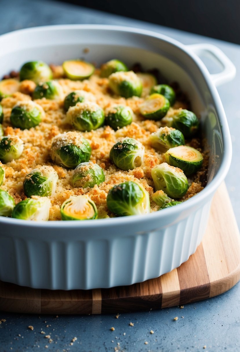 A baking dish filled with creamy Brussels sprouts topped with golden brown breadcrumbs