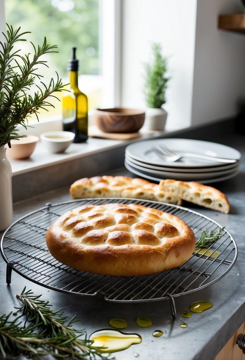 A rustic kitchen counter with a freshly baked focaccia bread cooling on a wire rack, surrounded by scattered rosemary sprigs and a drizzle of olive oil