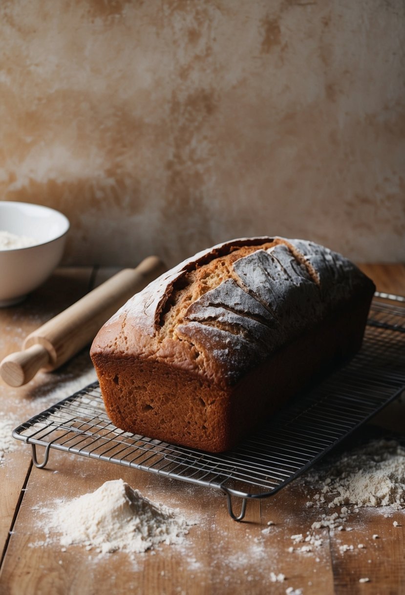 A rustic kitchen counter with a freshly baked loaf of whole wheat bread cooling on a wire rack, surrounded by scattered flour and a wooden rolling pin