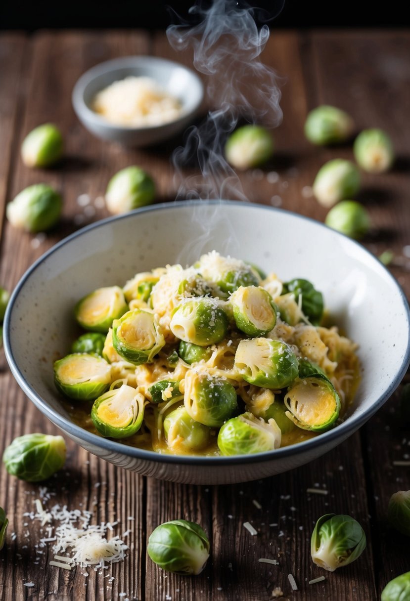 A steaming bowl of Brussels Sprouts Carbonara sits on a rustic wooden table, surrounded by scattered sprouts and a sprinkle of grated cheese