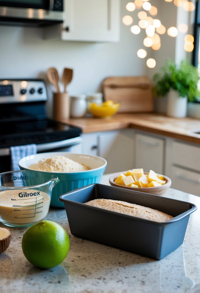 A kitchen counter with ingredients for gluten-free quick bread, a mixing bowl, and a loaf pan