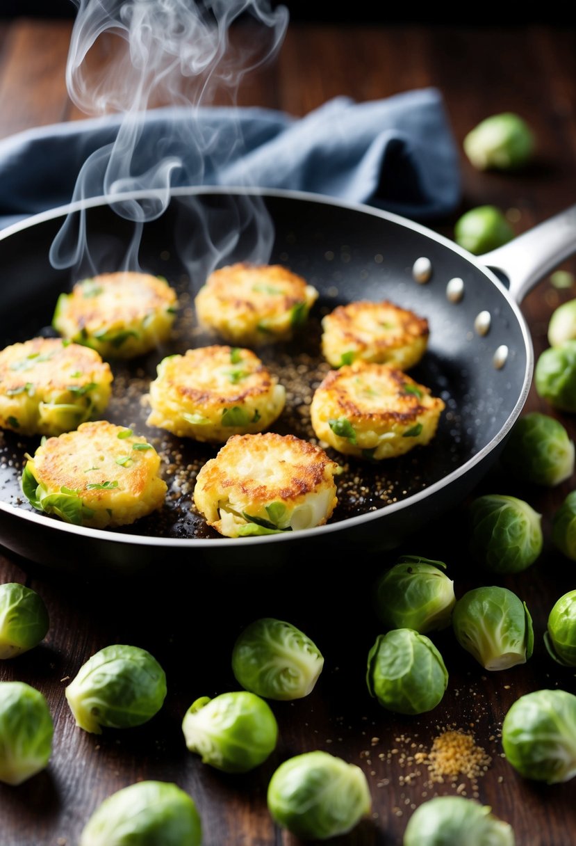 A sizzling pan of golden Brussels sprout fritters, steam rising, surrounded by scattered sprouts and a sprinkle of seasoning