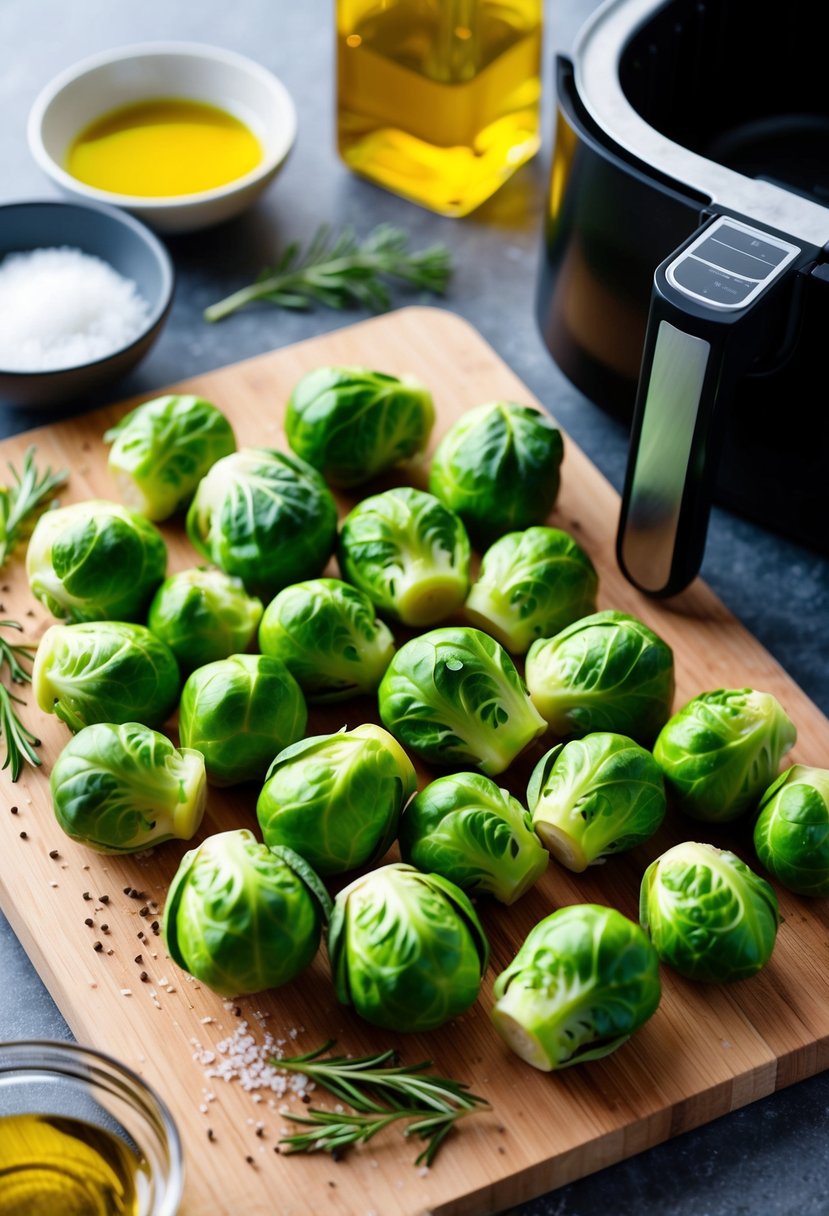 Fresh Brussels sprouts arranged on a cutting board, surrounded by ingredients like olive oil, salt, and pepper. An air fryer sits nearby, ready to cook