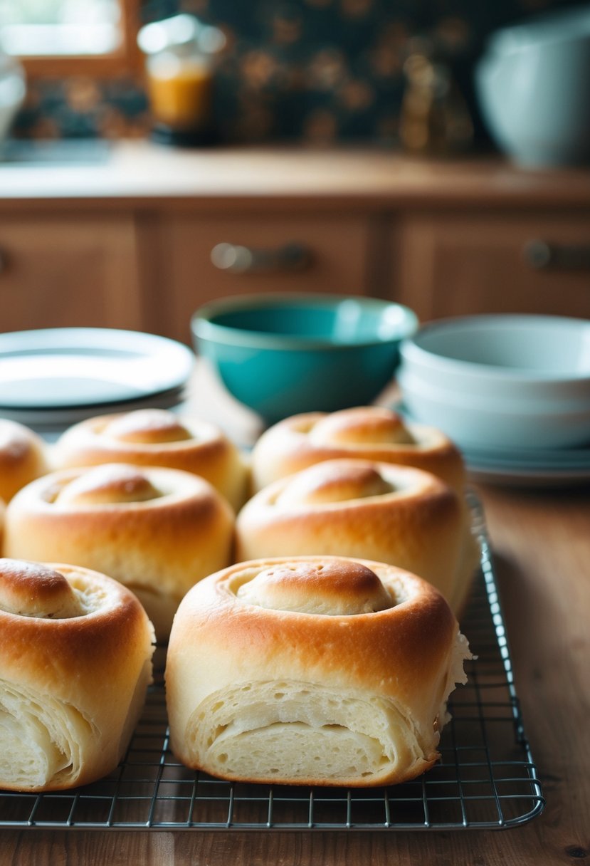 Freshly baked dinner rolls cooling on a wire rack