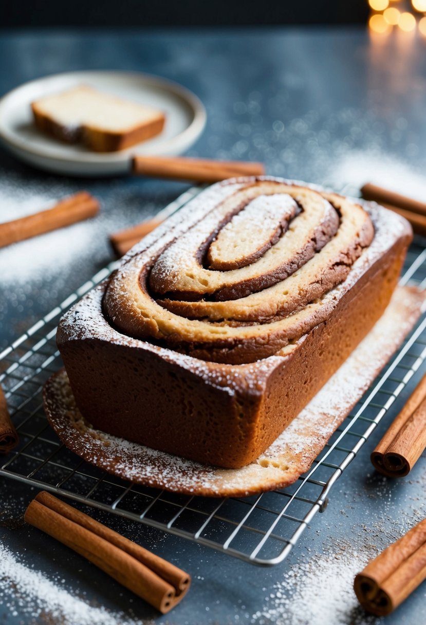 A loaf of sweet cinnamon swirl bread cooling on a wire rack, surrounded by scattered cinnamon sticks and a dusting of powdered sugar