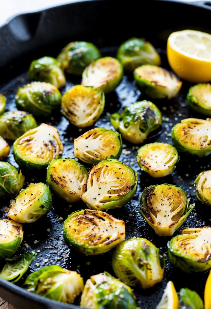 A sizzling skillet of grilled Brussels sprouts, drizzled with fresh lemon juice and sprinkled with seasoning