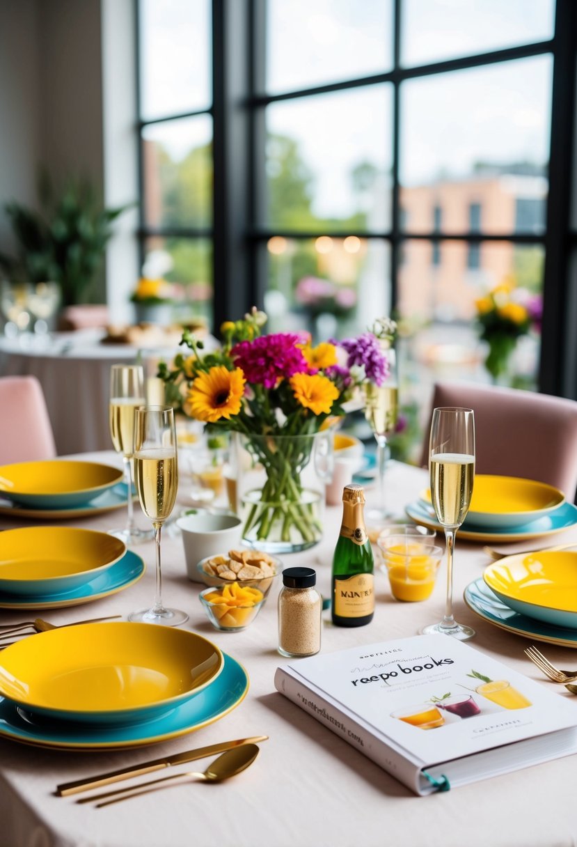 A table set with colorful dishes, flowers, and champagne glasses. Displayed recipe books and ingredients for baking and cocktail making