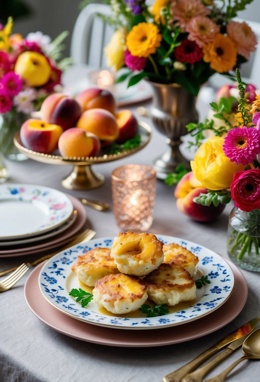 A table set with a platter of golden peach and halloumi cheese fritters, surrounded by colorful floral arrangements and elegant tableware