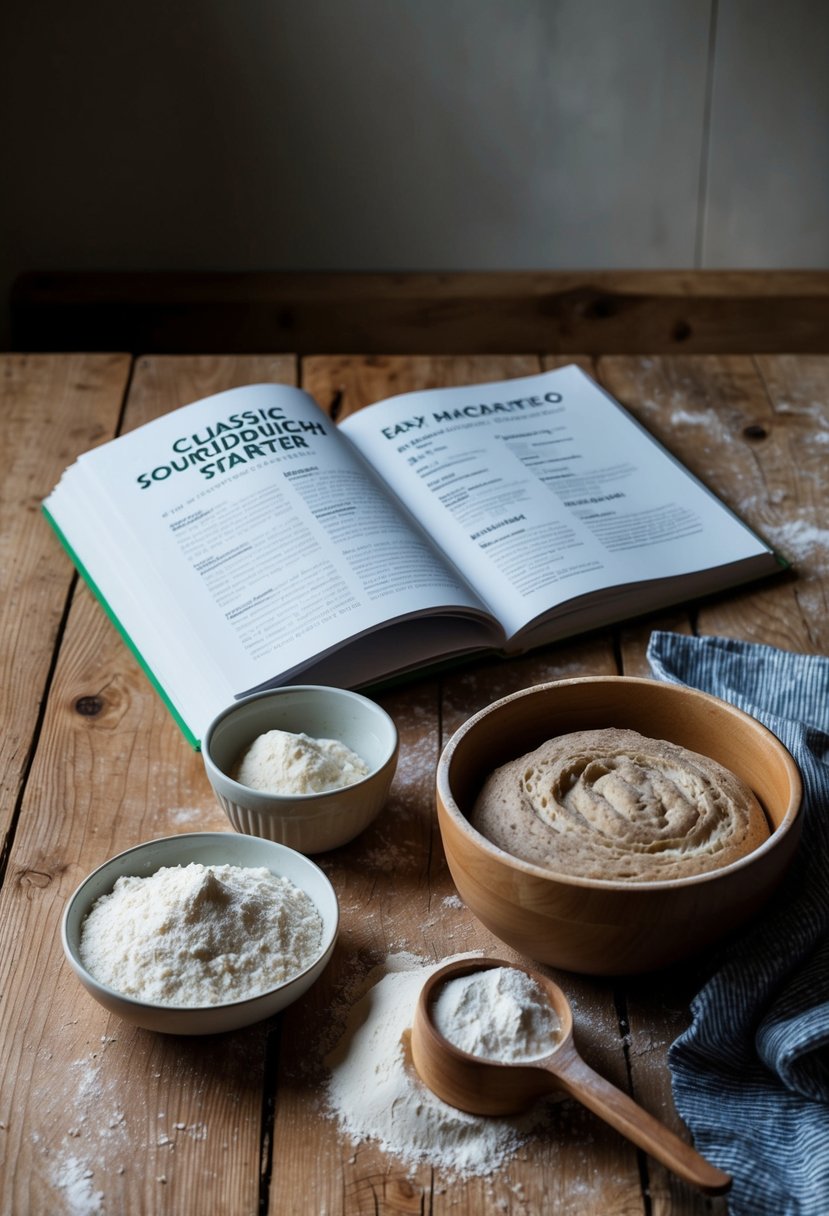 A rustic kitchen with a wooden table, flour, a bowl of sourdough starter, and a recipe book open to "Classic Sourdough Starter easy bread recipes."