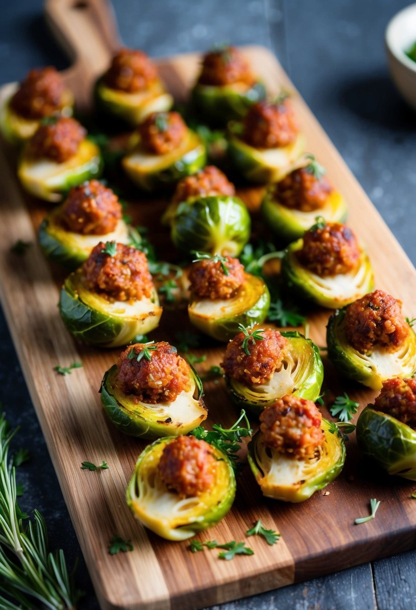 A platter of roasted Brussels sprouts, each stuffed with savory chorizo, garnished with fresh herbs and served on a rustic wooden board