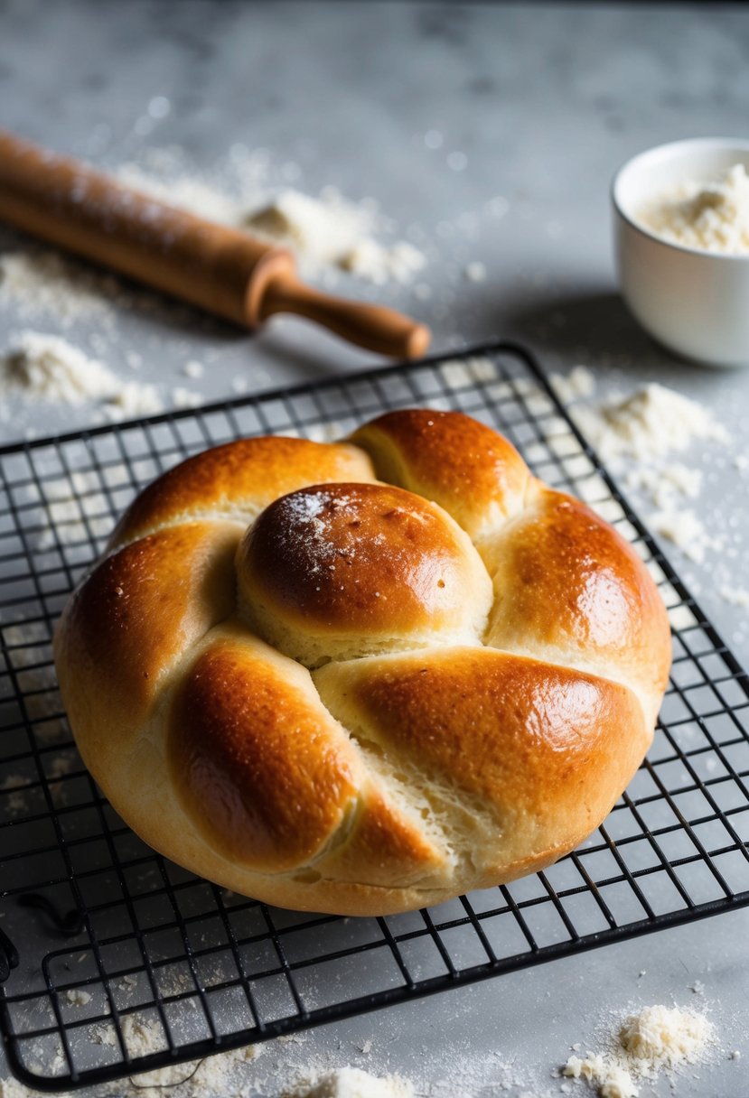 A golden brioche loaf cooling on a wire rack, surrounded by scattered flour and a rolling pin