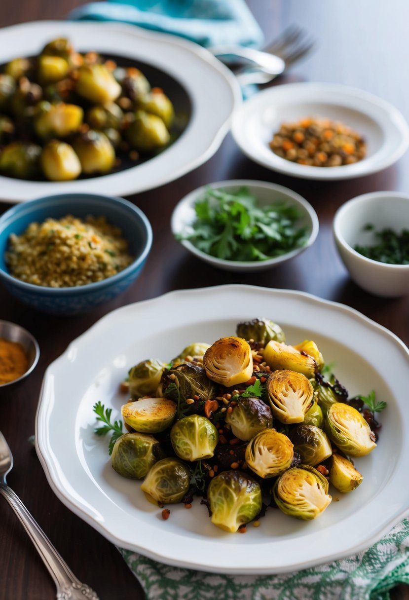 A table set with a Middle Eastern feast, featuring a dish of roasted Brussels sprouts with a variety of spices and herbs