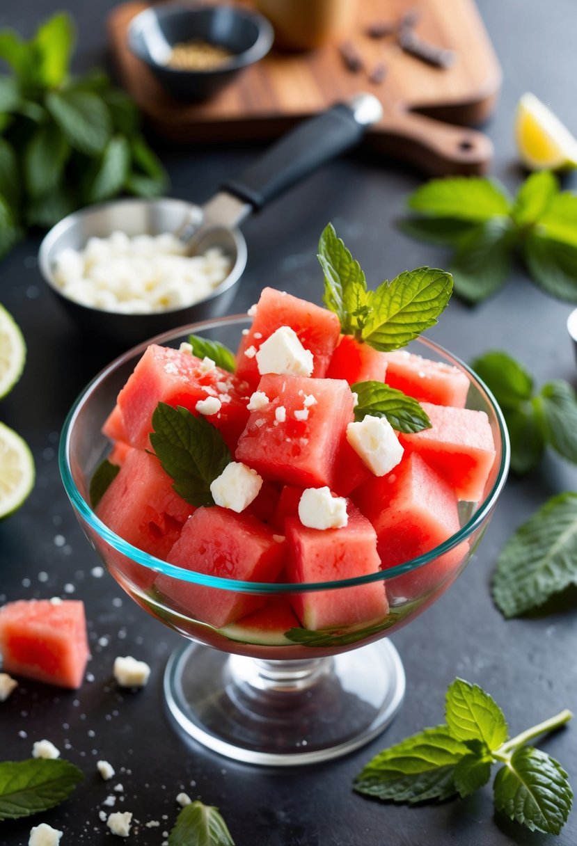 A glass bowl filled with cubed watermelon, crumbled feta, and fresh mint leaves, surrounded by scattered ingredients and kitchen utensils