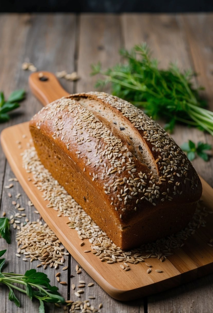 A loaf of rye bread with caraway seeds sits on a wooden cutting board, surrounded by scattered seeds and a few sprigs of fresh herbs