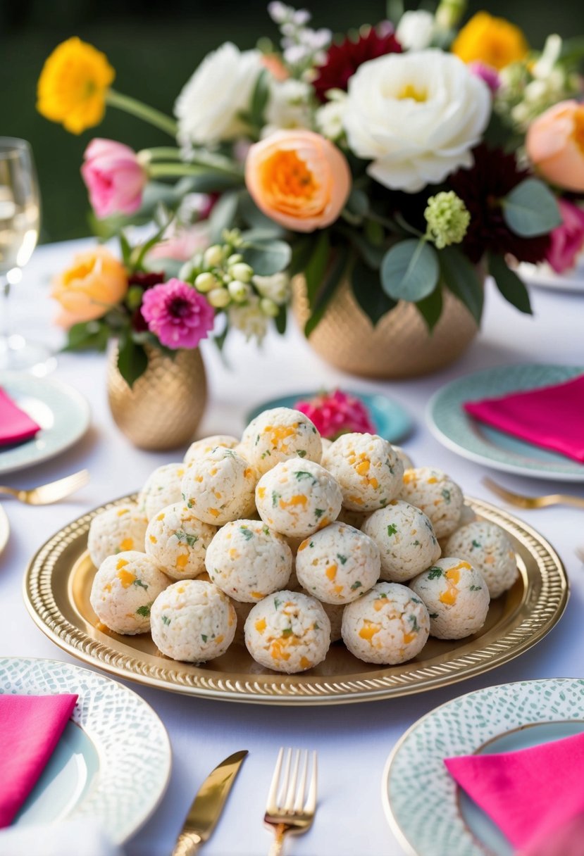 A table spread with mini cheese balls surrounded by decorative plates, napkins, and floral arrangements for a bridal shower