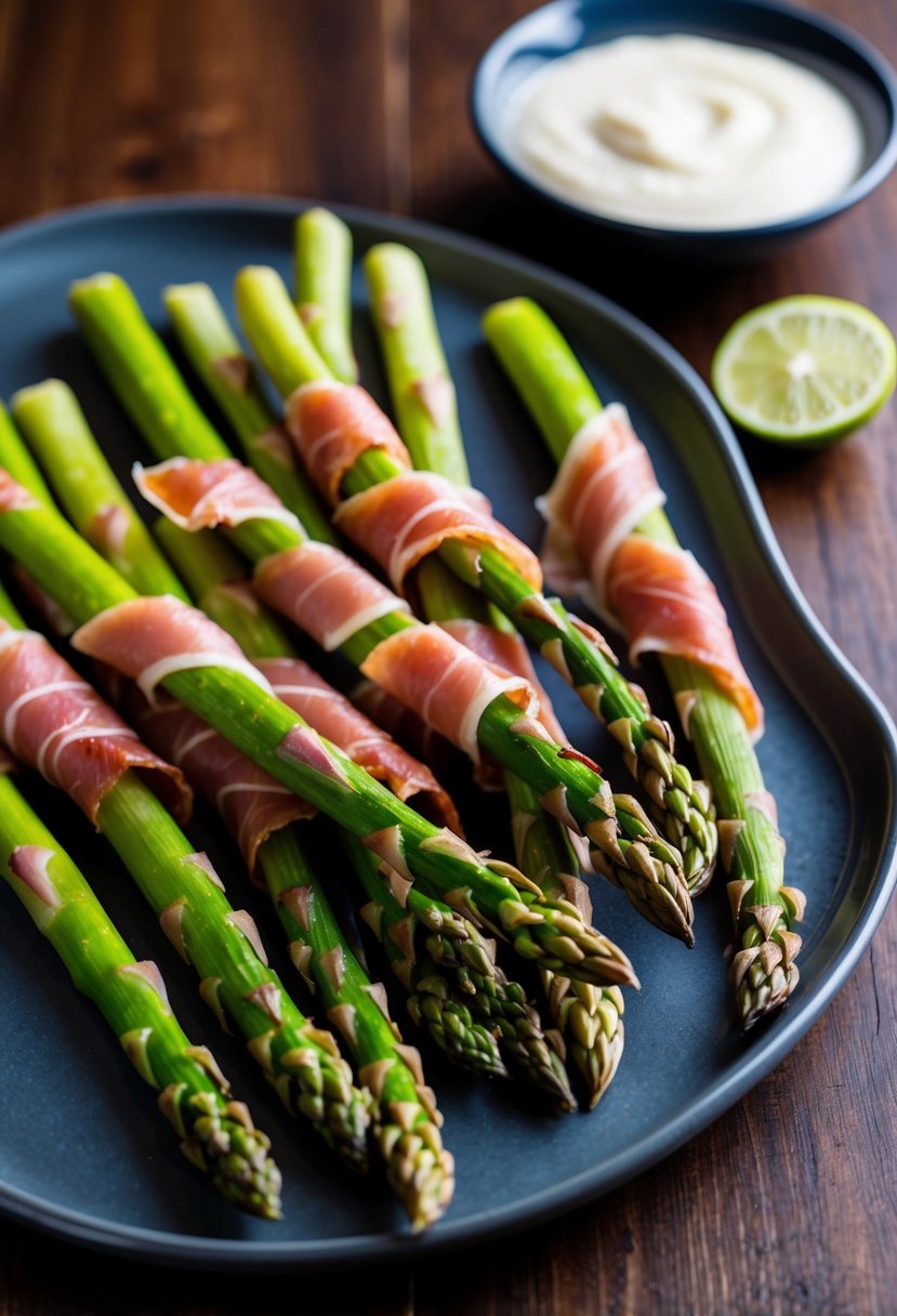 Fresh asparagus spears wrapped in thin slices of prosciutto, arranged on a serving platter with a side of dipping sauce