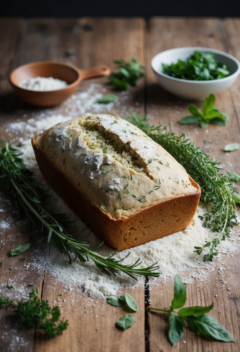 A rustic wooden table with a loaf of savory herb bread surrounded by fresh herbs and a scattering of flour