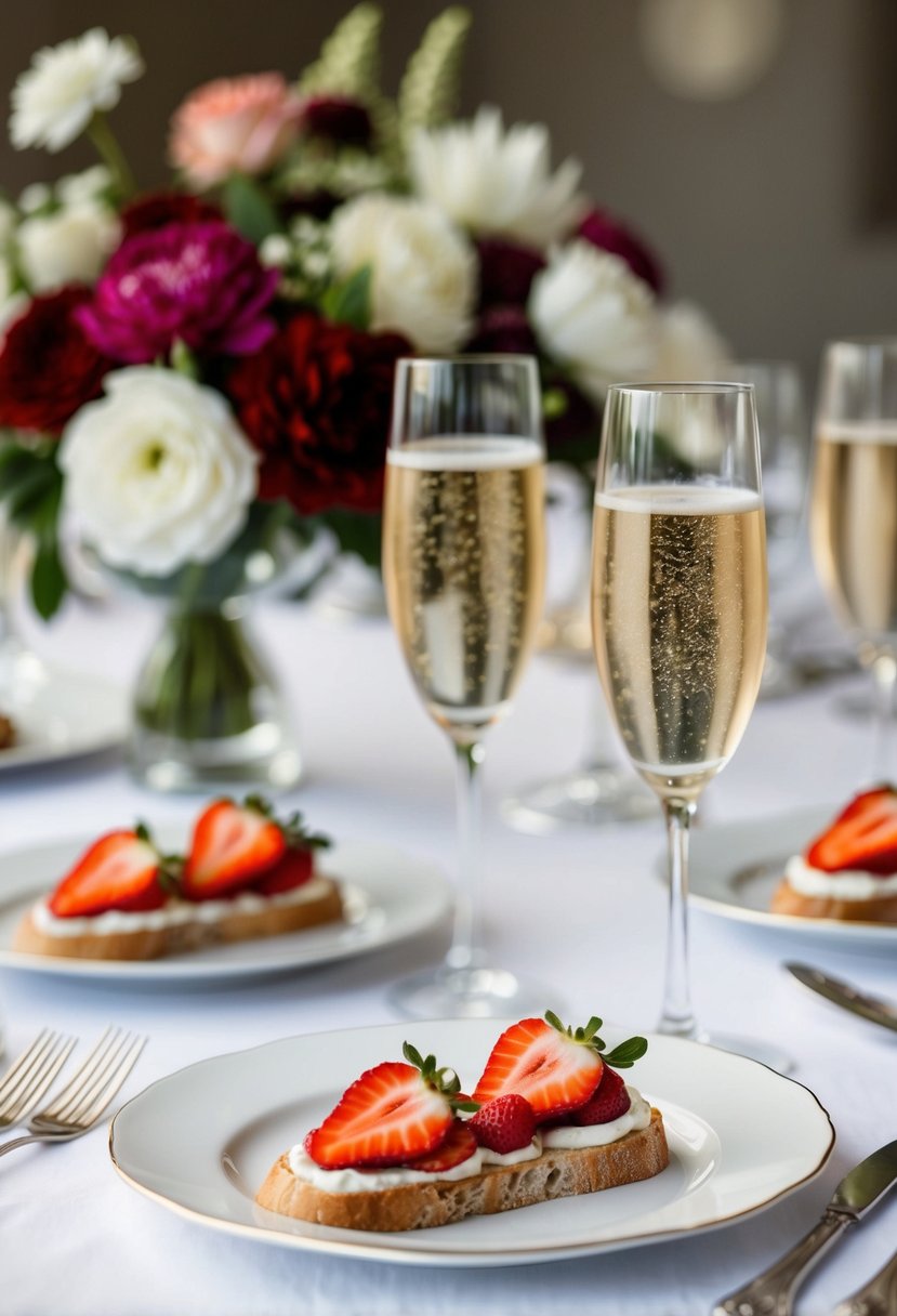 A table set with elegant strawberry bruschetta, surrounded by floral decorations and champagne glasses