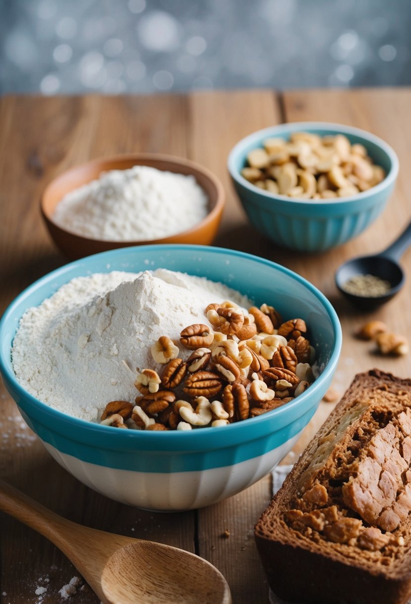 A mixing bowl filled with flour, nuts, and other ingredients, next to a wooden spoon and a loaf of freshly baked nut bread