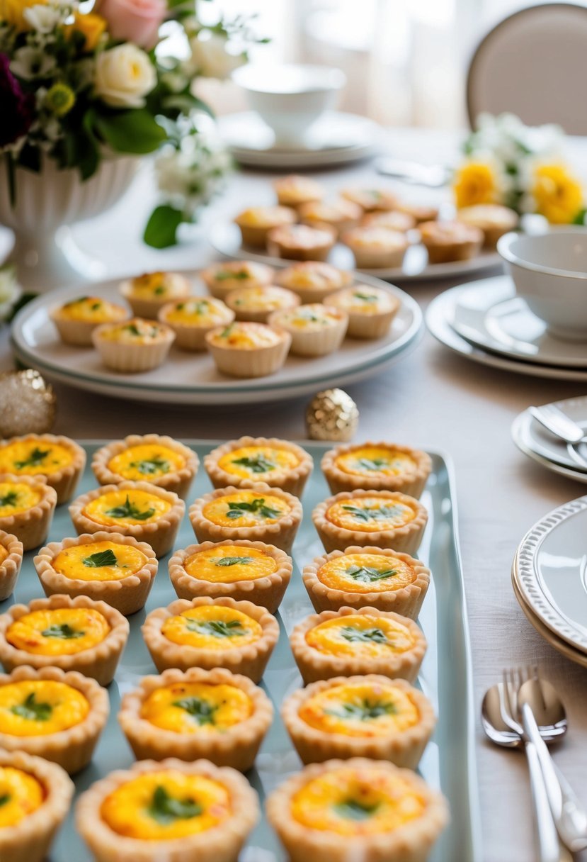 A table spread with an assortment of bite-sized quiches, surrounded by elegant tableware and floral decorations