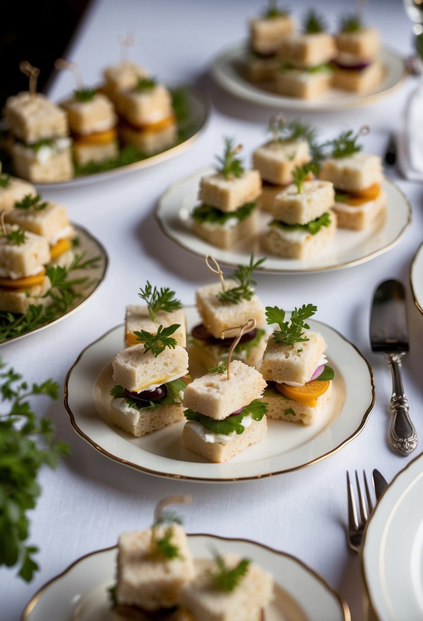 A table set with an assortment of dainty finger sandwiches, garnished with fresh herbs and arranged on elegant serving platters