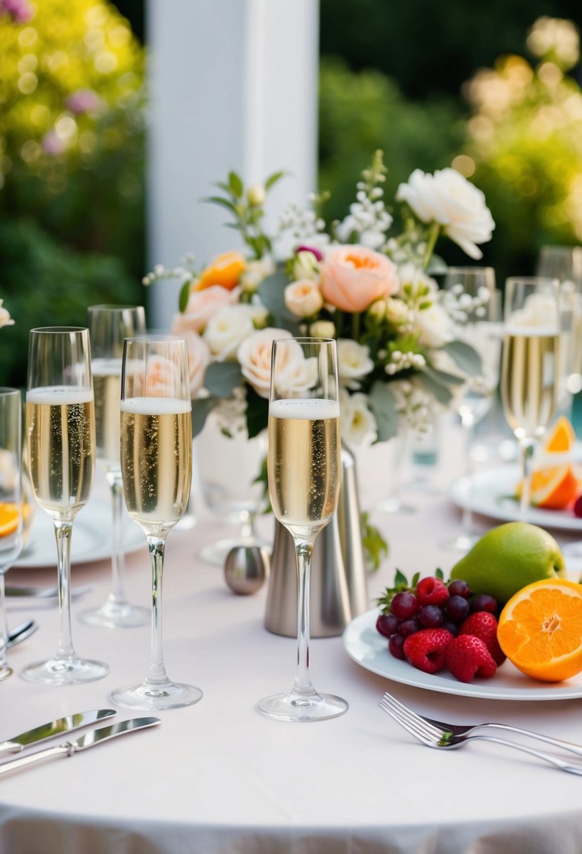 A table set with champagne flutes, fresh fruit, and cocktail shakers. Bouquets of flowers and elegant decor add to the bridal shower ambiance