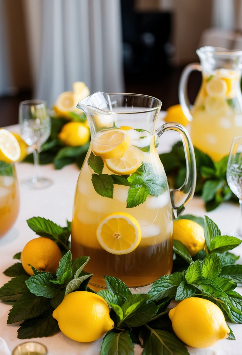 A pitcher of iced tea lemonade punch surrounded by fresh lemons and mint leaves on a decorated table at a bridal shower