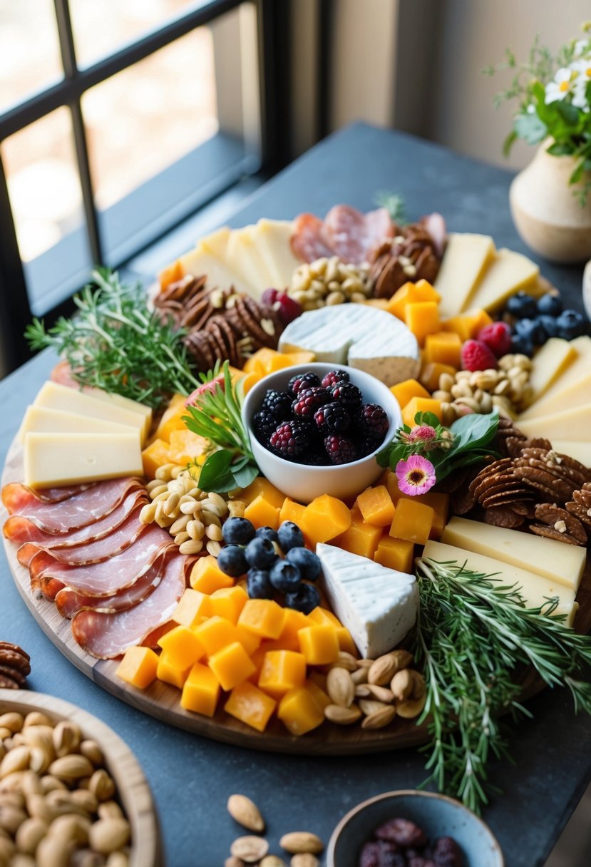 A beautifully arranged charcuterie board with an assortment of meats, cheeses, fruits, and nuts, accented with fresh herbs and flowers