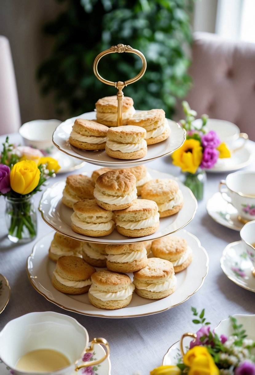 A table set with a tiered tray of homemade scones and clotted cream, surrounded by teacups and flowers for a bridal shower