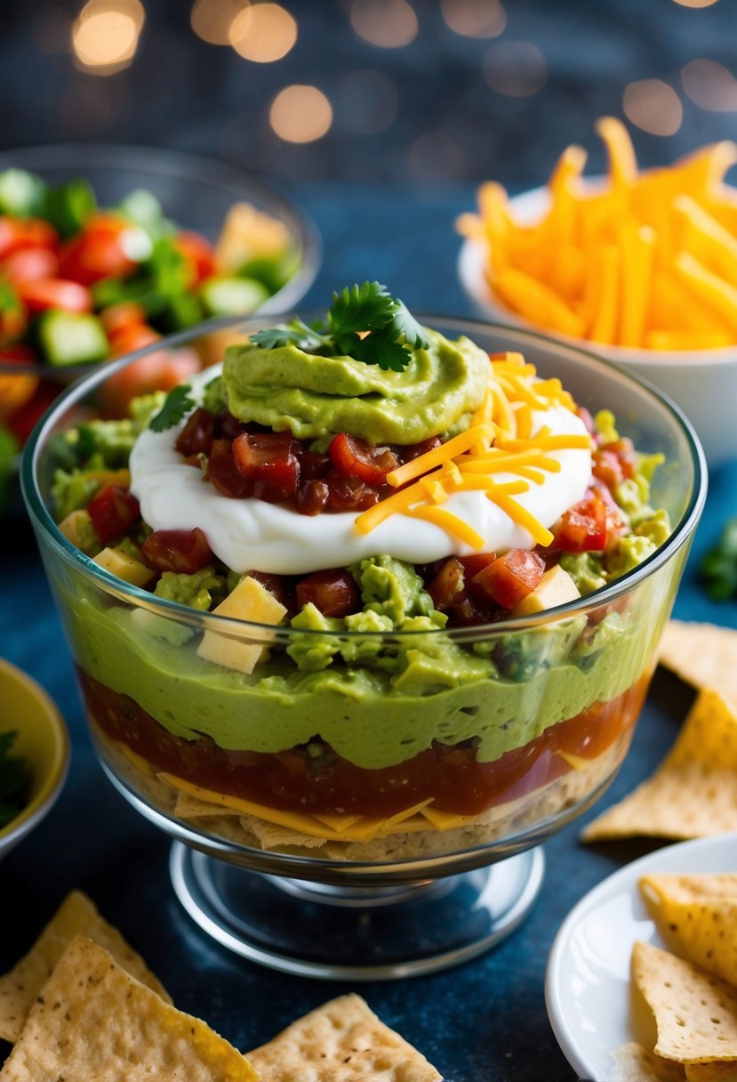 A glass bowl filled with layers of guacamole, sour cream, salsa, and shredded cheese, surrounded by tortilla chips and colorful veggies