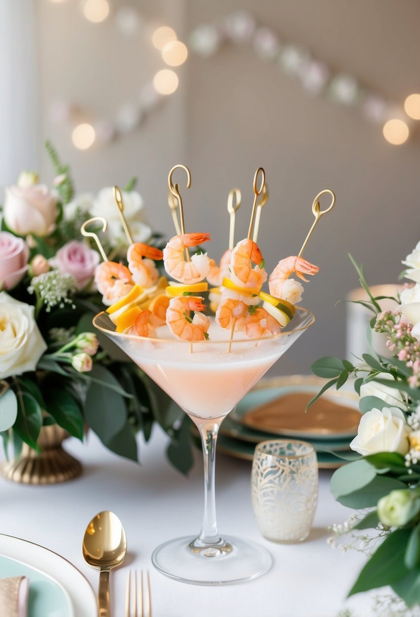 A table set with elegant shrimp cocktail skewers, surrounded by floral arrangements and bridal shower decorations