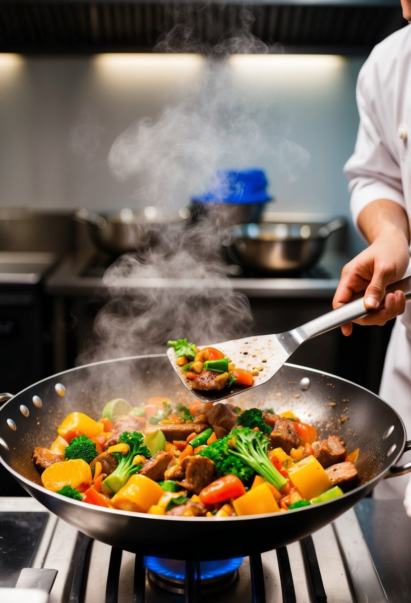 A sizzling wok filled with colorful vegetables and meat, steam rising, as a chef tosses the ingredients with a spatula