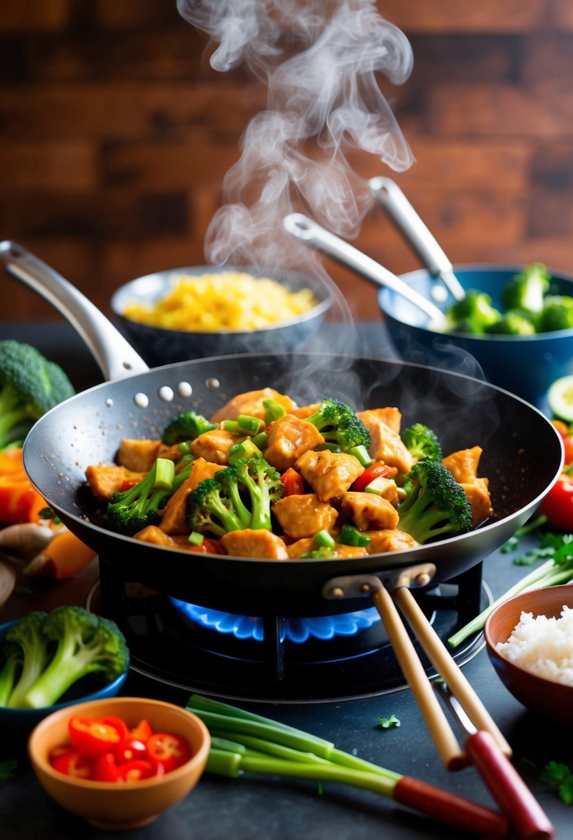 A sizzling wok of General Tso's Chicken and broccoli stir fry, steam rising, surrounded by vibrant fresh ingredients and cooking utensils