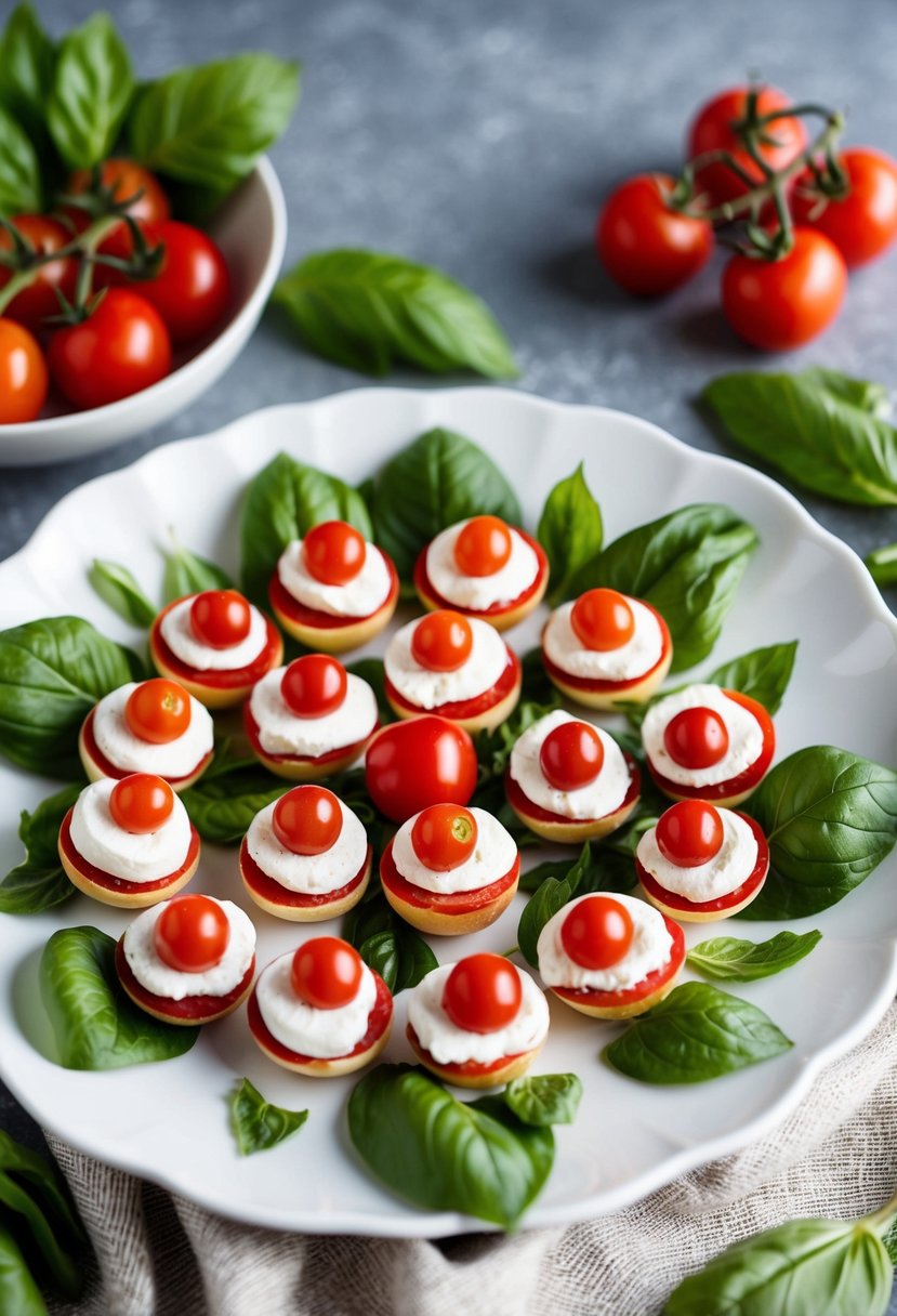 A platter of mini Caprese bites arranged in a decorative pattern on a white serving dish, surrounded by fresh basil leaves and cherry tomatoes