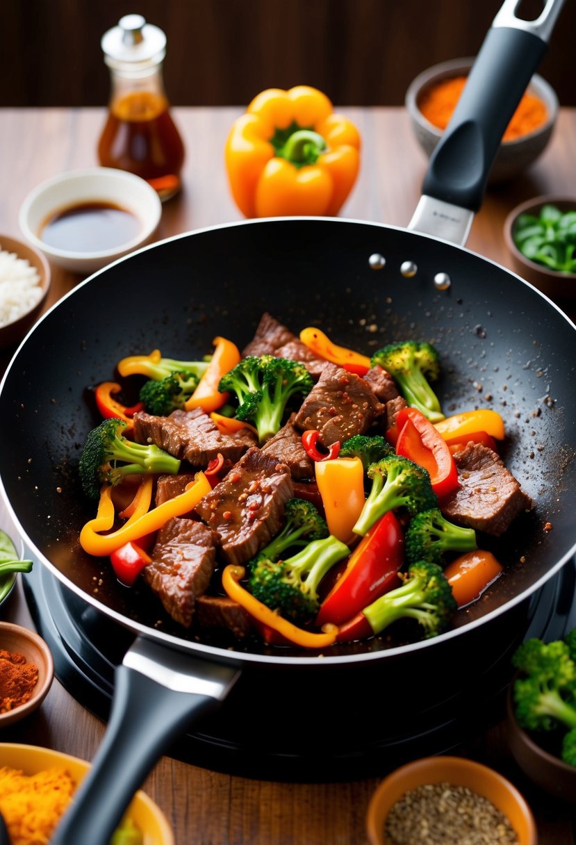 A sizzling wok filled with spicy Szechuan beef, colorful bell peppers, and tender broccoli, surrounded by a variety of aromatic spices and sauces