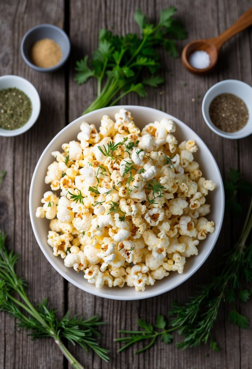 A bowl of herbed popcorn surrounded by fresh herbs and spices on a rustic wooden table