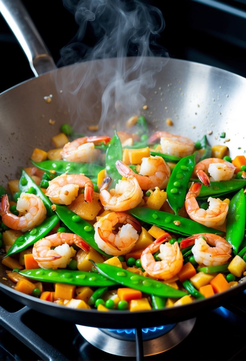 A sizzling wok filled with garlic shrimp, snow peas, and colorful vegetables, steam rising as the ingredients are tossed together in a stir-fry