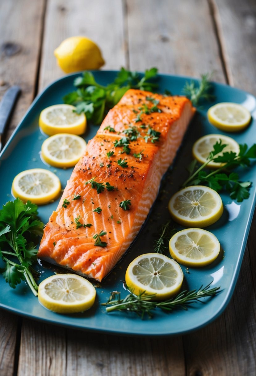 A platter of baked salmon surrounded by fresh herbs and lemon slices on a rustic wooden table