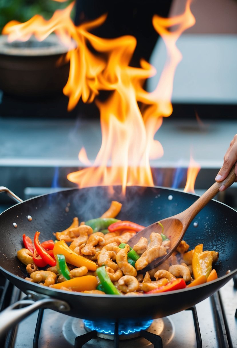 A sizzling wok with Cashew Chicken and colorful bell peppers being stir-fried over a high flame