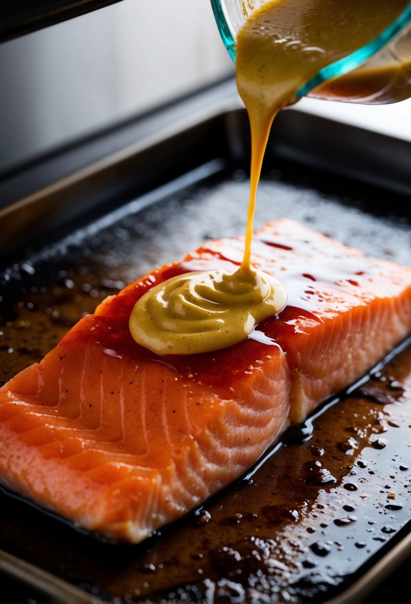 A piece of salmon being glazed with a mixture of maple syrup and Dijon mustard before being baked in the oven