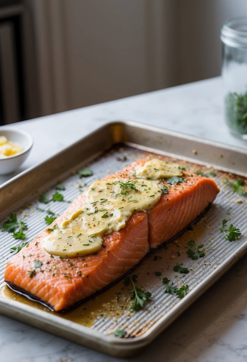 A salmon fillet sits on a baking sheet, smothered in garlic butter and sprinkled with herbs, ready to be placed in the oven