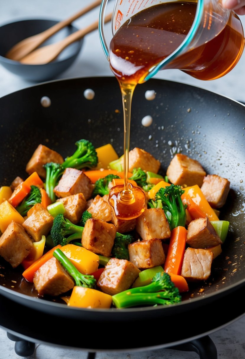 A sizzling wok with chunks of pork, colorful vegetables, and a glossy honey soy glaze being poured over the stir fry