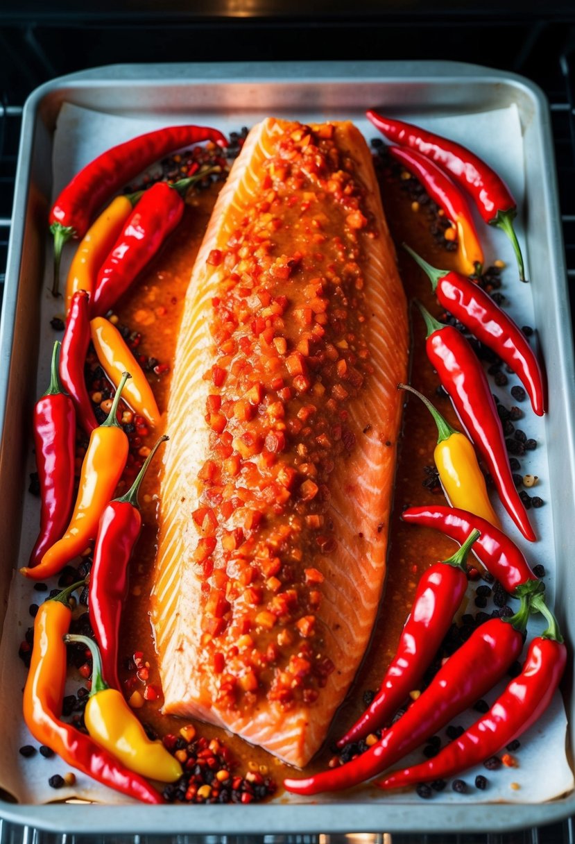 A whole salmon fillet covered in a spicy Sichuan sauce, surrounded by vibrant red chili peppers and fragrant Sichuan peppercorns, baking in the oven