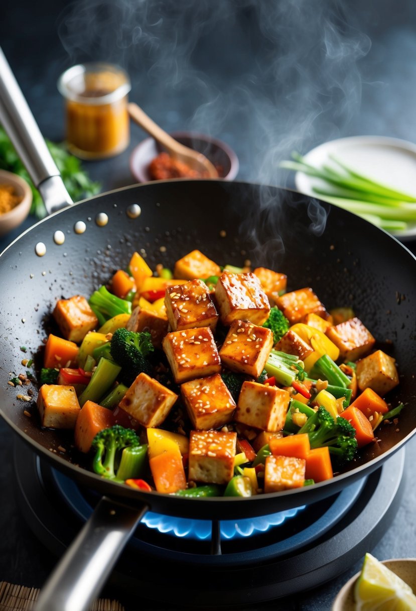 A sizzling wok filled with teriyaki tofu, colorful mixed vegetables, and aromatic spices