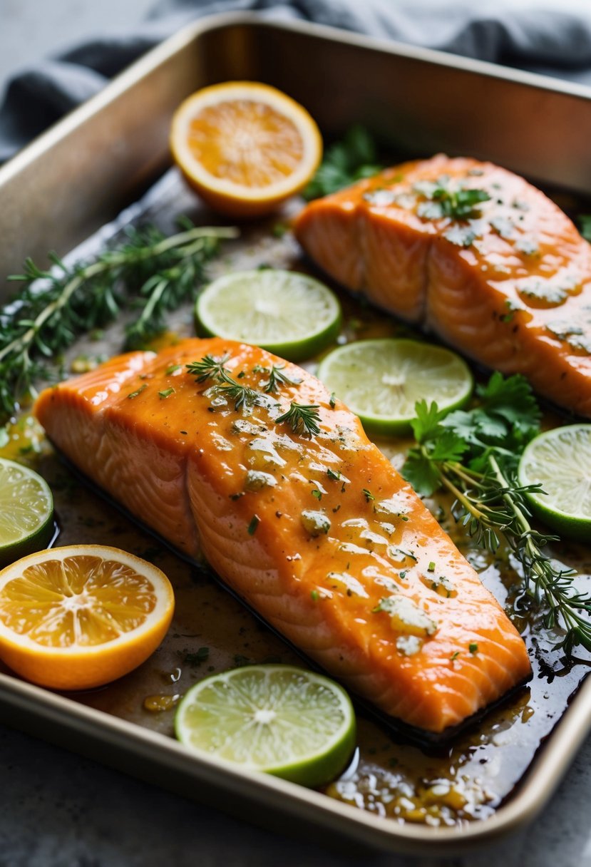 A juicy salmon fillet coated in honey-garlic lime glaze, surrounded by fresh herbs and citrus slices on a baking tray