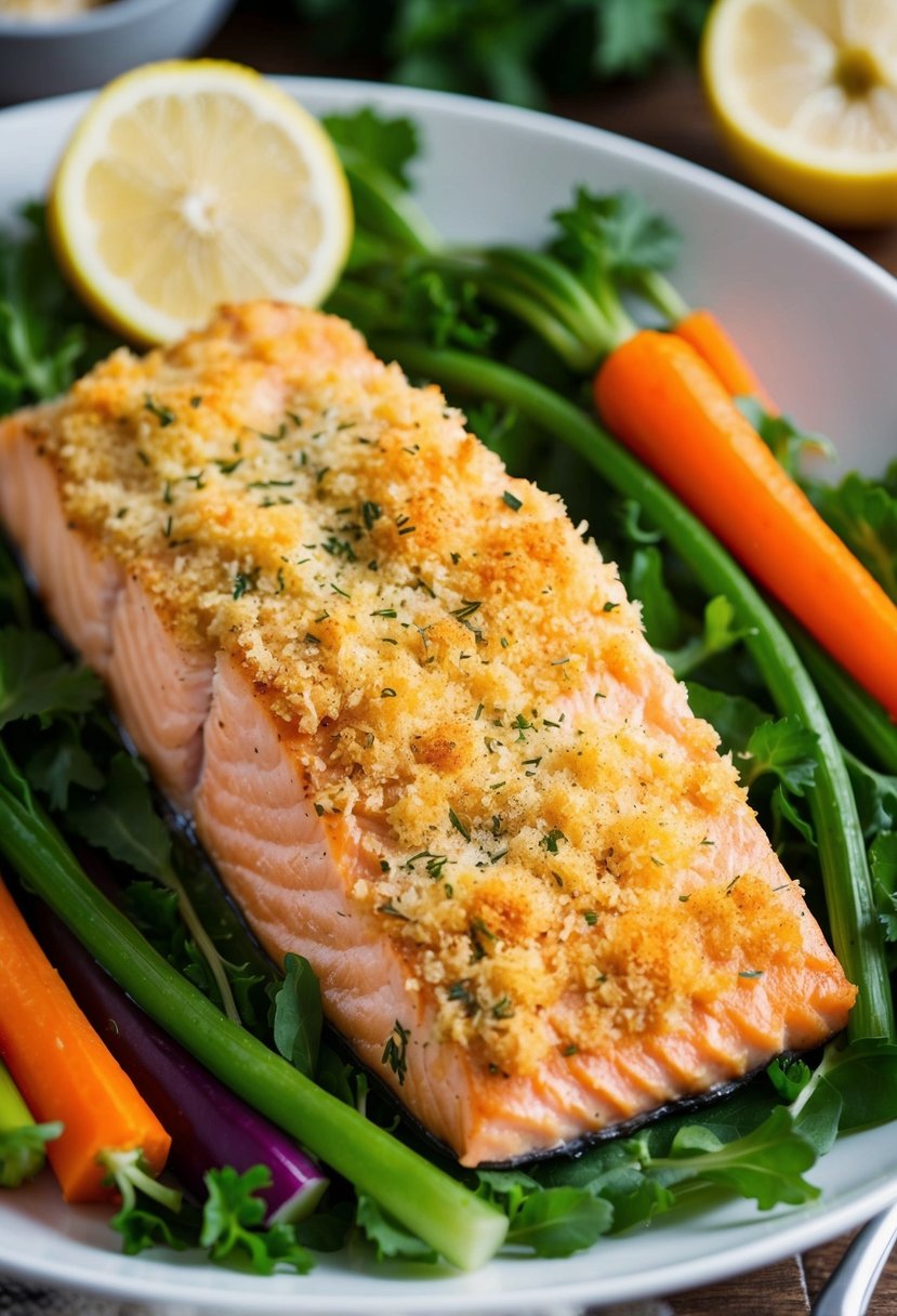 A golden-brown salmon fillet, coated in a crispy parmesan and herb crust, sits on a bed of fresh greens, surrounded by colorful vegetables and a slice of lemon