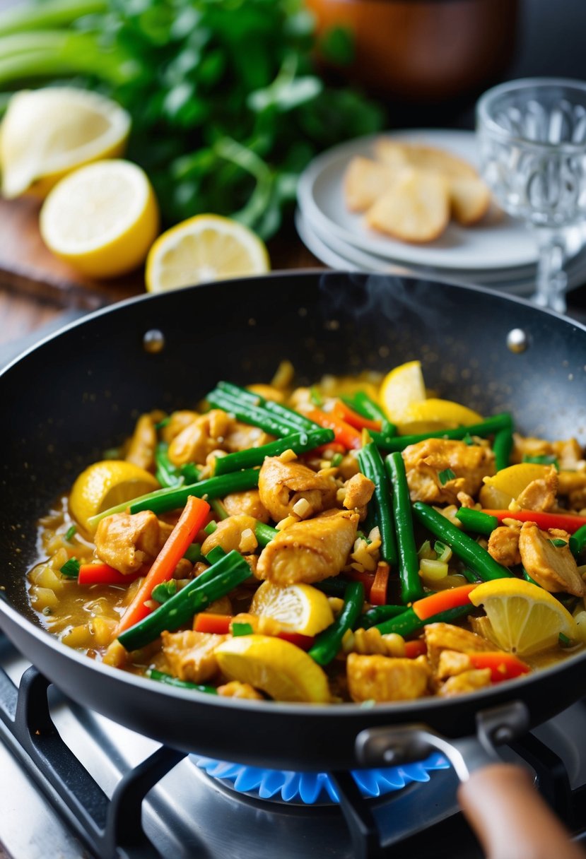 A sizzling pan of Lemon Ginger Chicken Stir Fry with colorful vegetables cooking over high heat