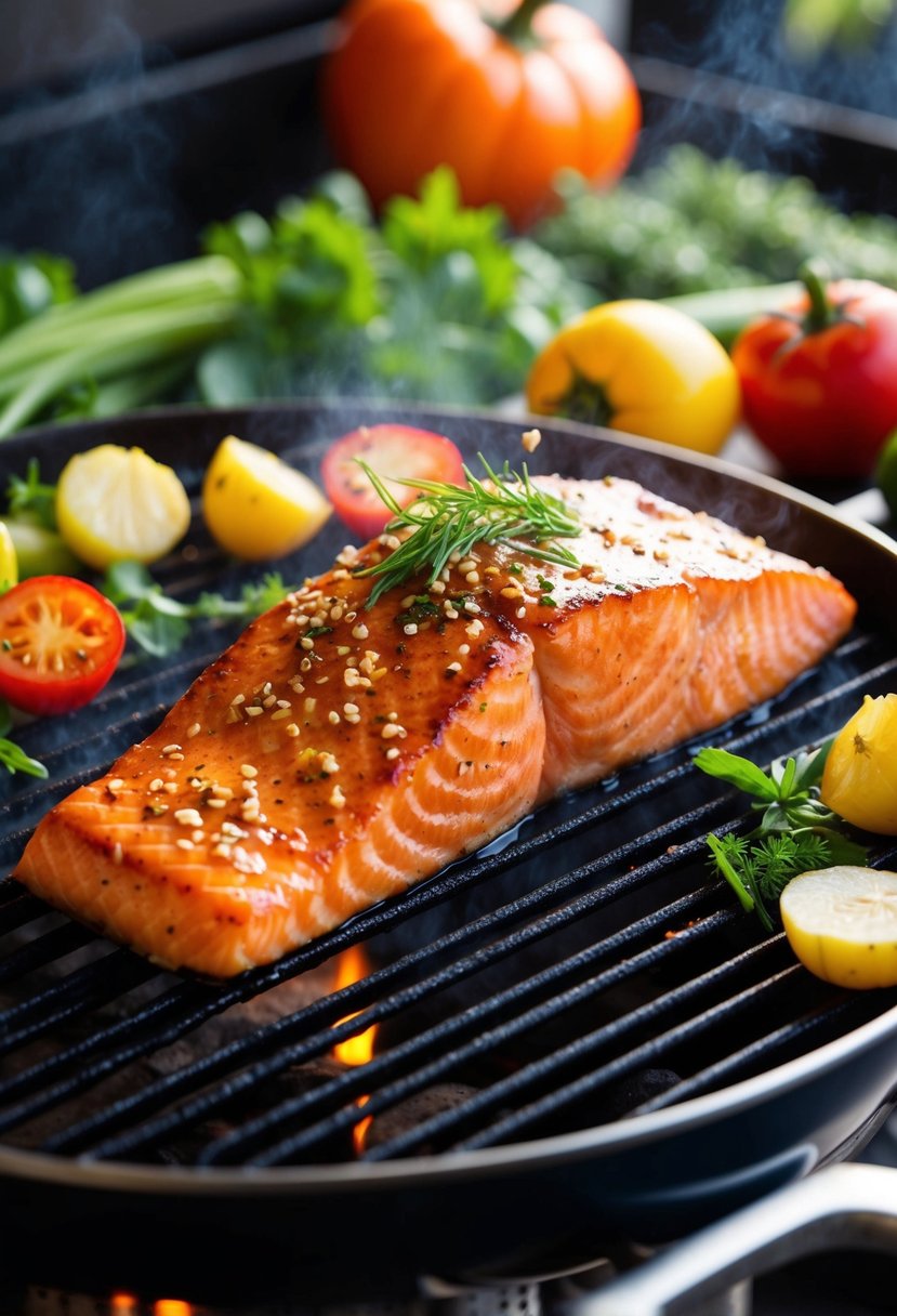 A succulent teriyaki ginger salmon fillet sizzling on a hot grill, surrounded by colorful vegetables and aromatic herbs